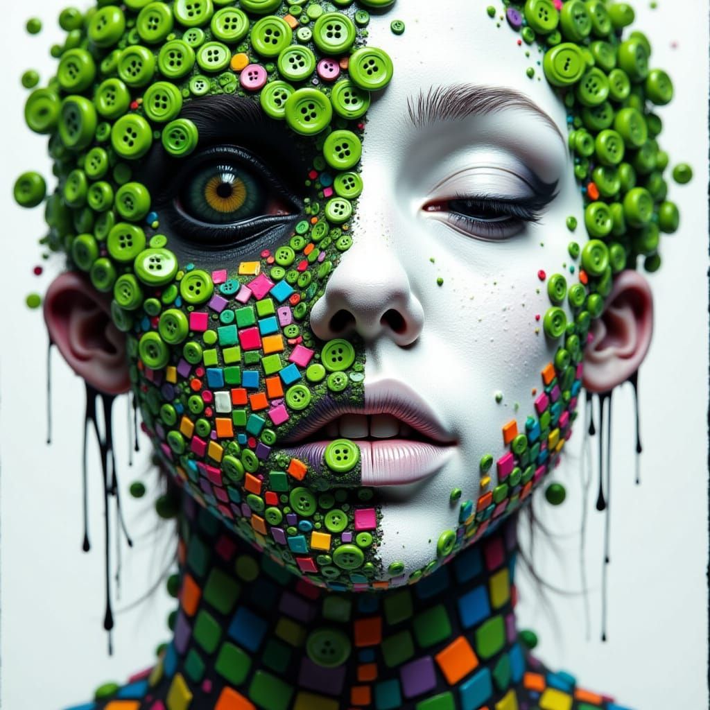 <lora:Kak-DrippingPortrait:1.0>A strange illustrated female creature, close-up, her face is half made of green tiny buttons and half skin, a...
