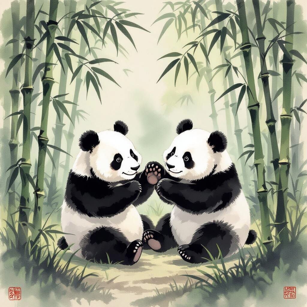 Pandas playing around the bamboo forest, Chinese painting 