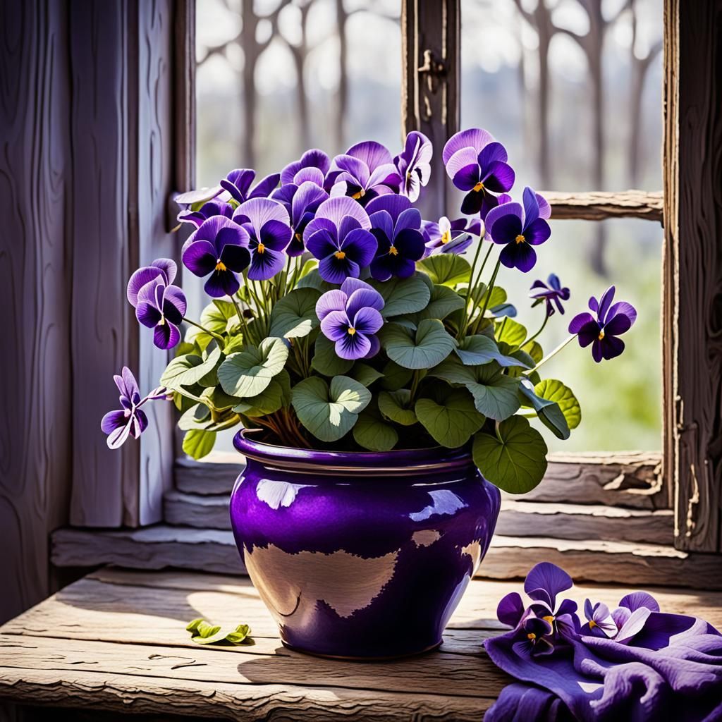 Large painted pot of purple colored violets on an old oak ta...