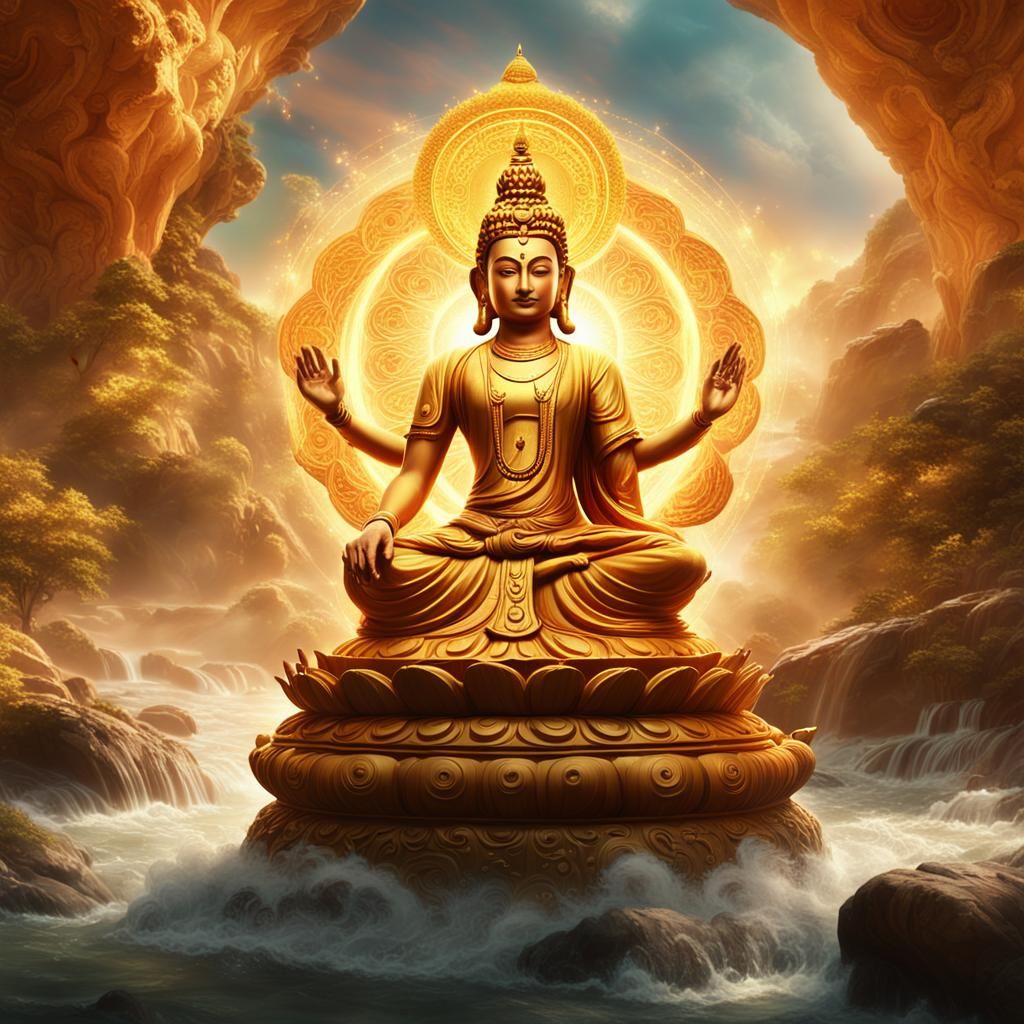 Serene Bodhisattva Amidst Golden Vortex in Vibrant Matte Pai...