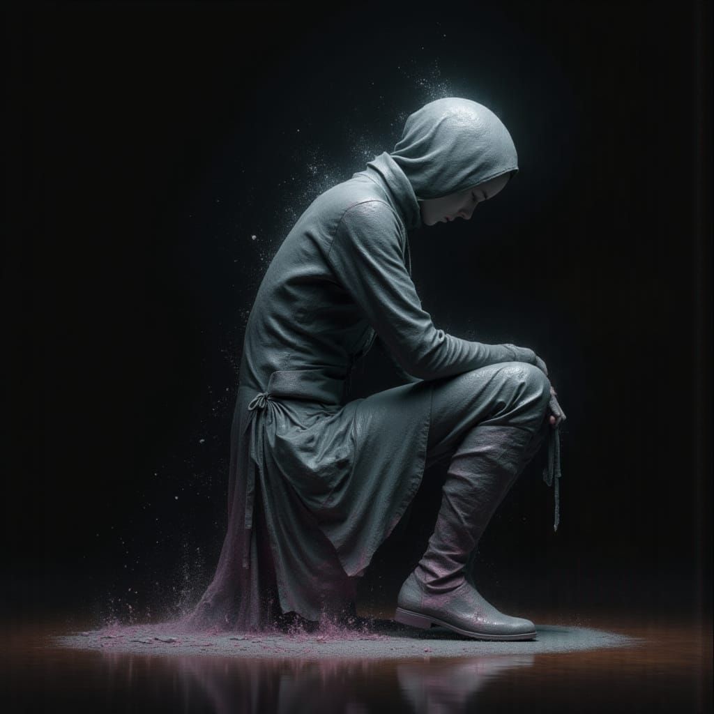 <lora:AffectaFlux:1.0> Guilt, looking down, featureless character made of glass and oil paint, splashes of storm gray paint and color dust a...