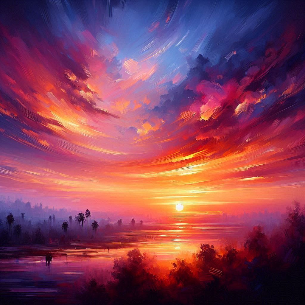 Beautiful sunset, oil on canvas,