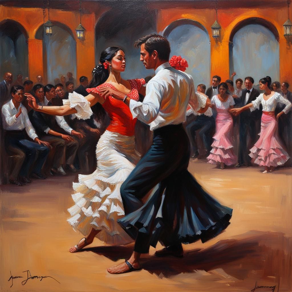 exotic young couple dancing flamenco