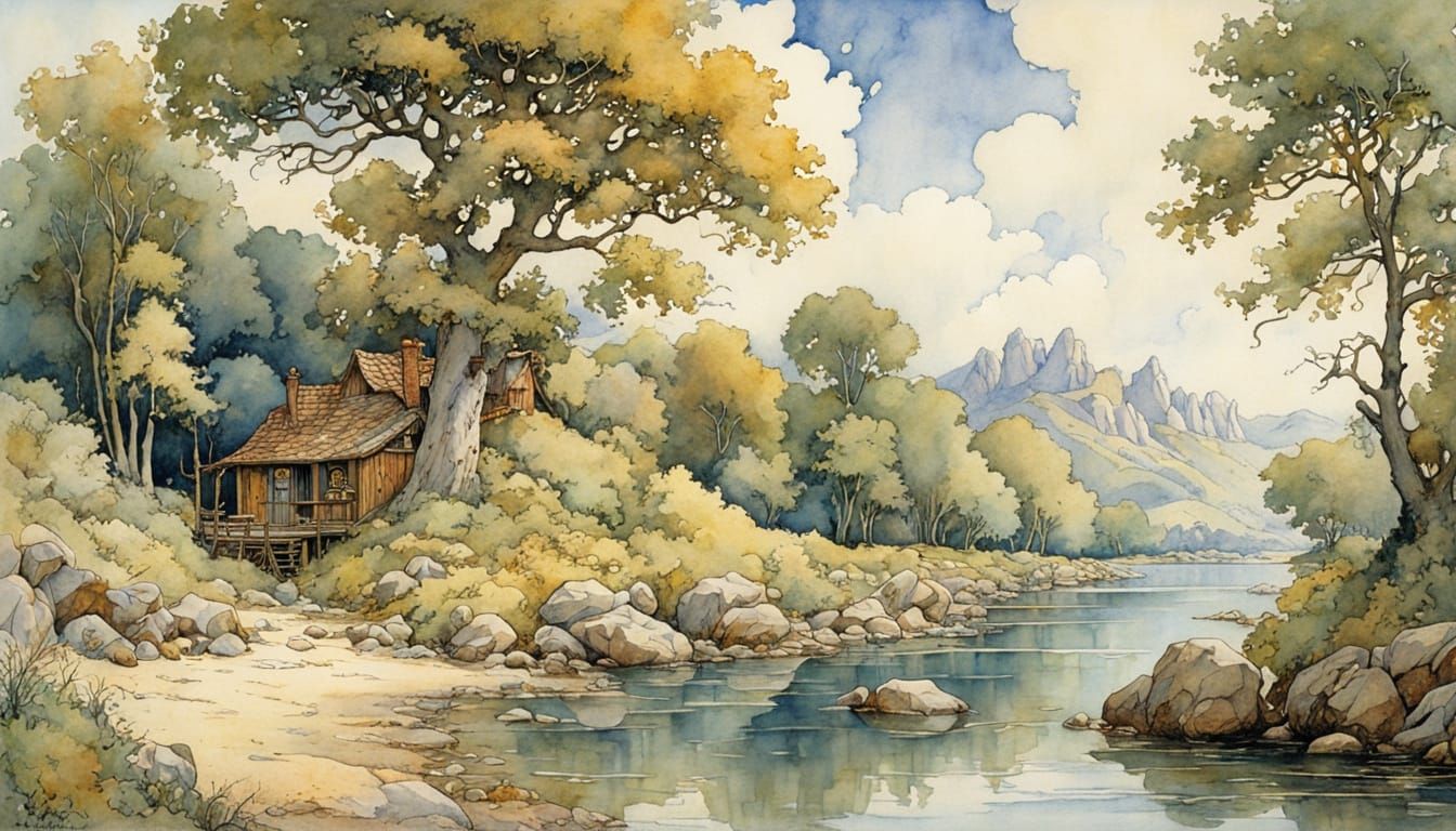 Idyllic River Scene in Storybook Illustration Style