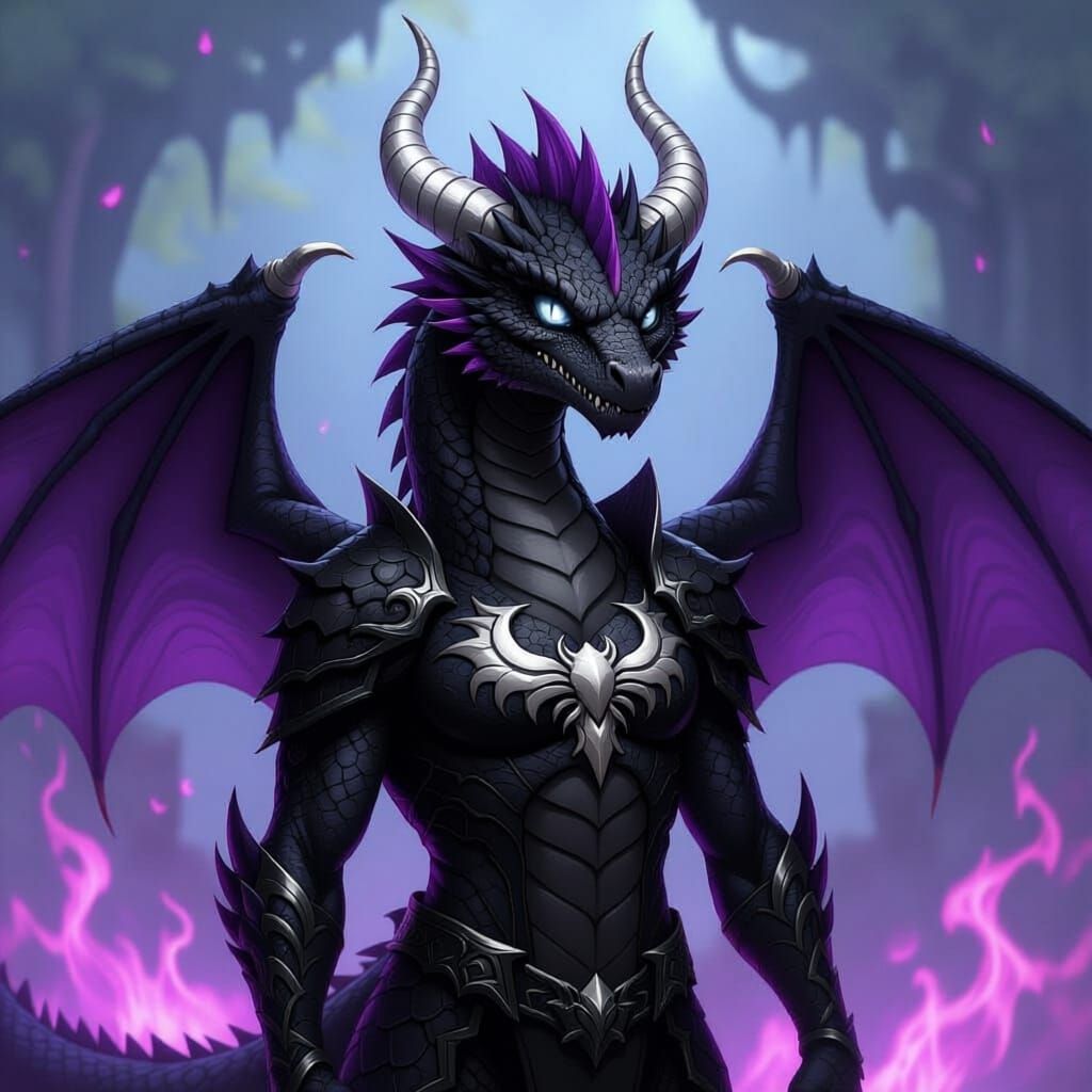 Anthro black dragon with purple scales dressed as Venom and surrounded by purple flames
