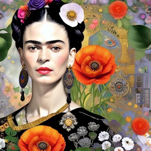 Frida Kahlo poppy flowers Black and white iridescent sparkling collage ...