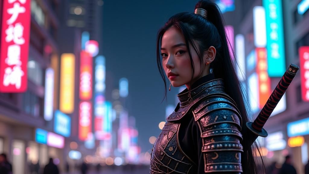 samurai girl with katana in night city lights