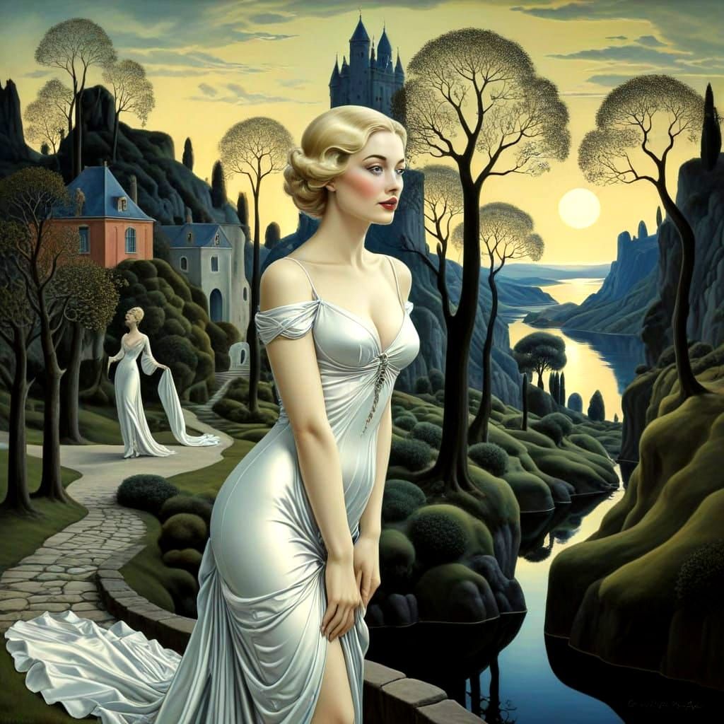 Charming Lady in Vibrant Surreal Landscape