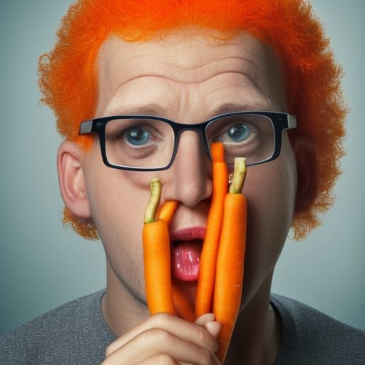 man with no hair and with glasses eating a carrot dressed as...
