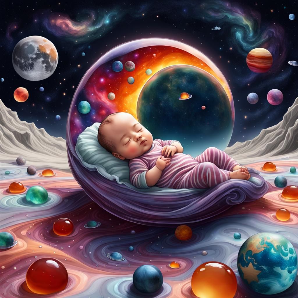 Jelly space with sweet sleeping baby on the moon