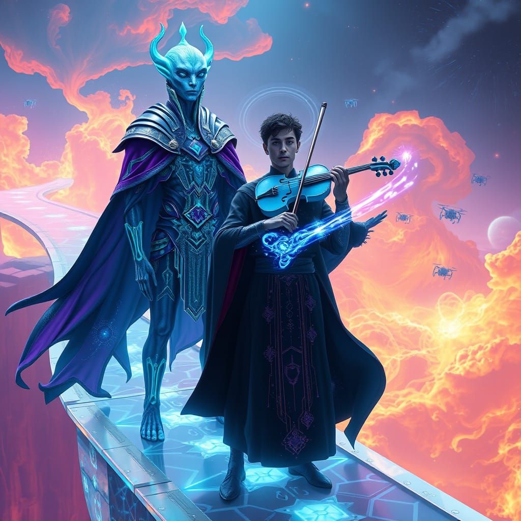 Regal Alien and Moses-Inspired Figure on Energy Bridge