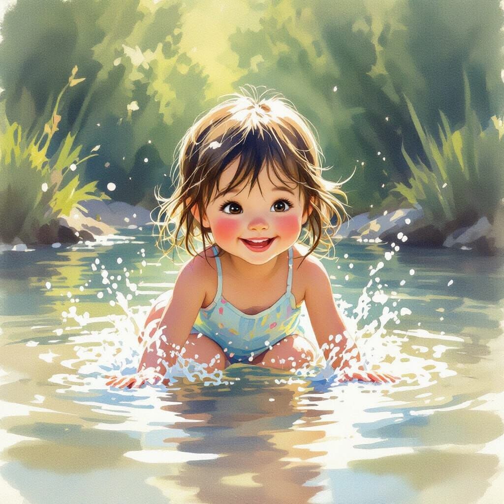 Cute Girl Splashing in Water Watercolor Style