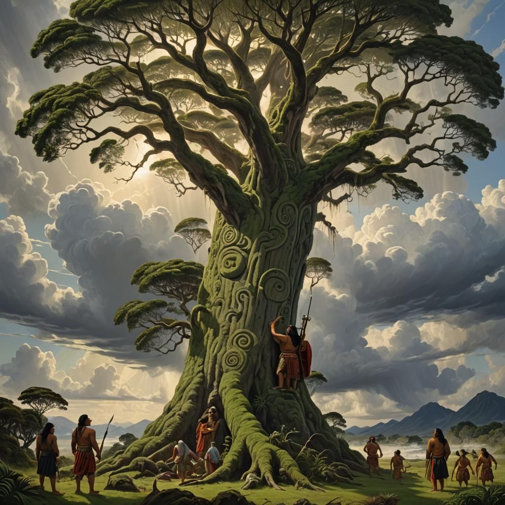 Argument between two Māori gods ranginui and papatuanuku. Centre is tane mahuta in the figure of a great giant tree tryi...