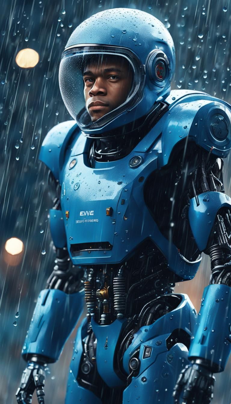 Kylian Mbappé in a robotic suit standing in the rain