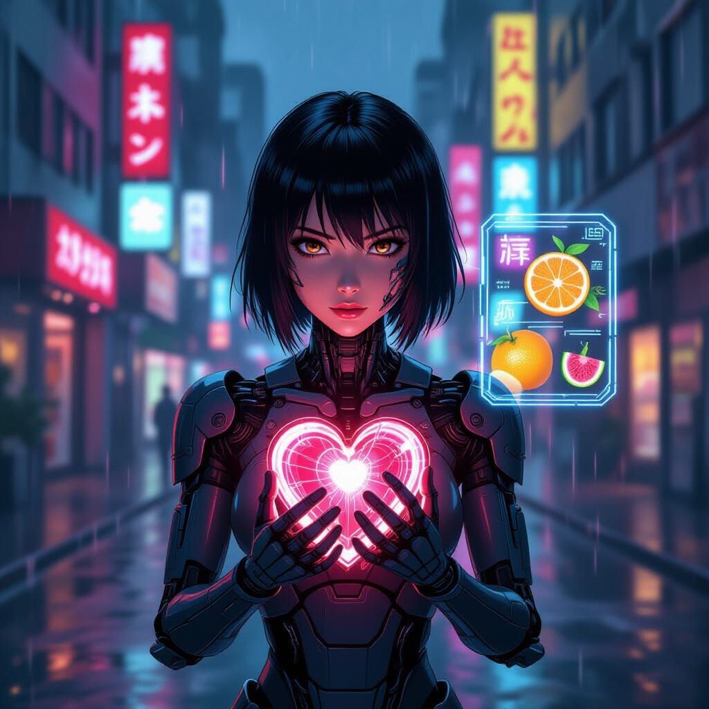 Cyborg Woman on Neon Street with Mechanical Heart