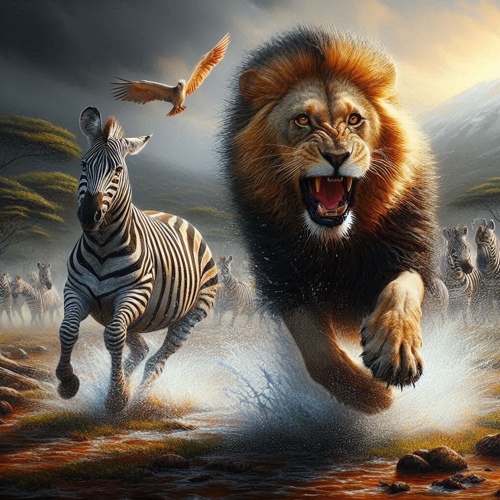 Ready for the takedown, lion and zebra