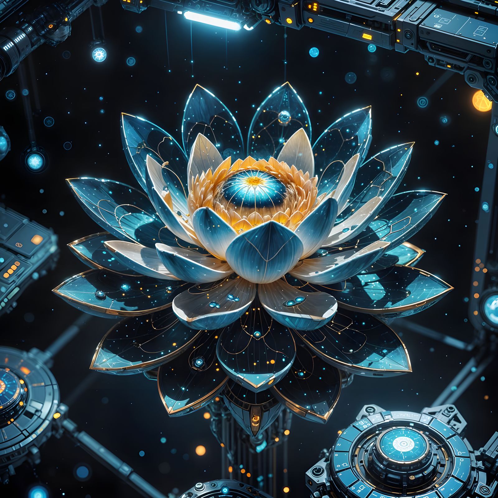 an adorable cute cyborg cybernetic lotus flower with implants made as constellation on bioluminescent ...  by @Sergio Ortiz