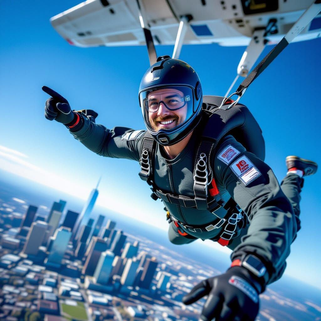 Skydiver's View: City Skyline in Sharp Focus