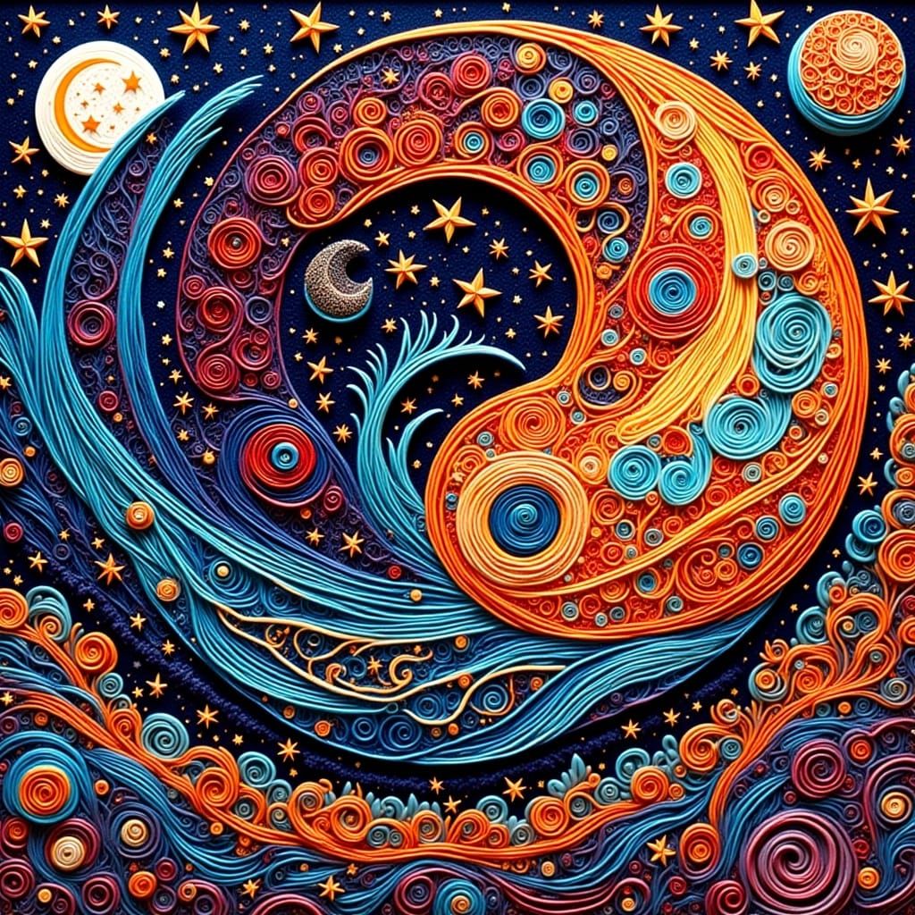 <lora:Zentangled:1.0>
Glowing Zentangle "Yin Yang" with intricate tiny circles and Horror fire swirls. By van gogh. Colourful. Retro shapes....