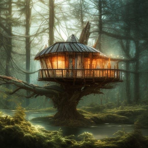 Artgerm, WLOP, Greg Rutkowski; Russian  treehouse in a dead ...