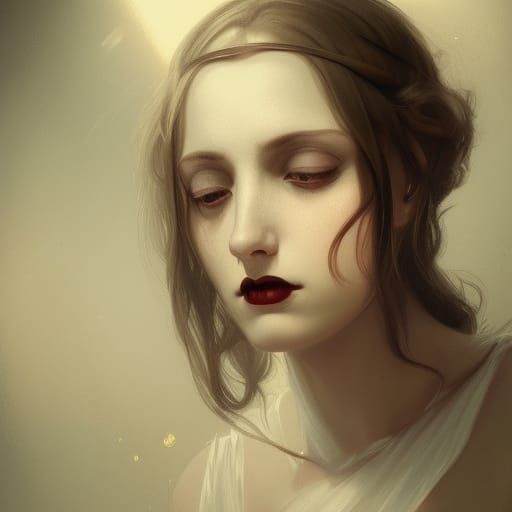 young woman, sad, gothic, horror, gold lighting, soft lighti...