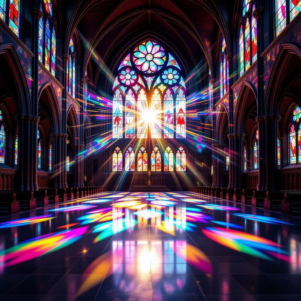 Sunlight through a stained glass window casting colourful reflections  by @Peardrop