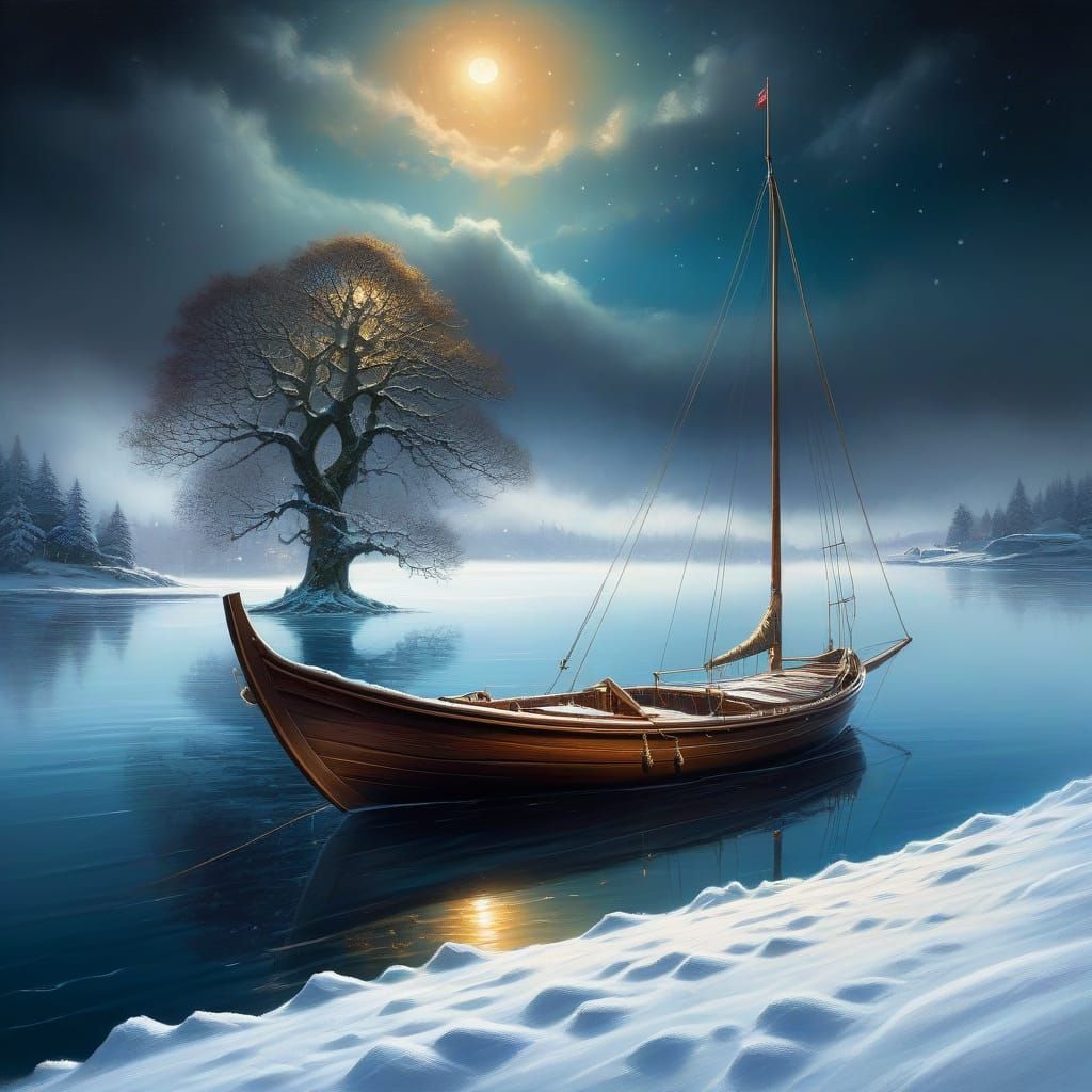 Lonely wooden sailboat in the water