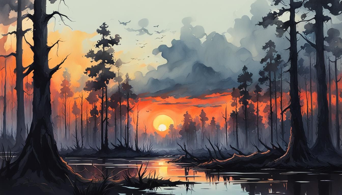 Swamp Sunset: A Watercolor Matte Painting