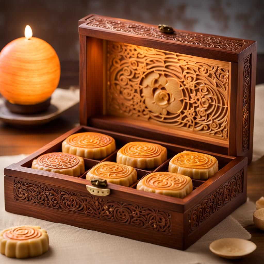 Intricate Wooden Box with Mid-Autumn Mooncakes