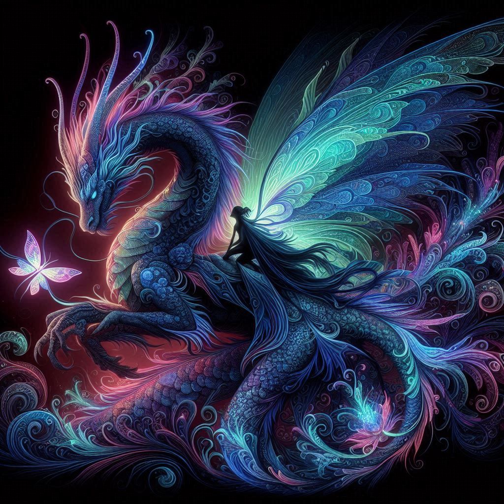 Mystical dragon and fairy