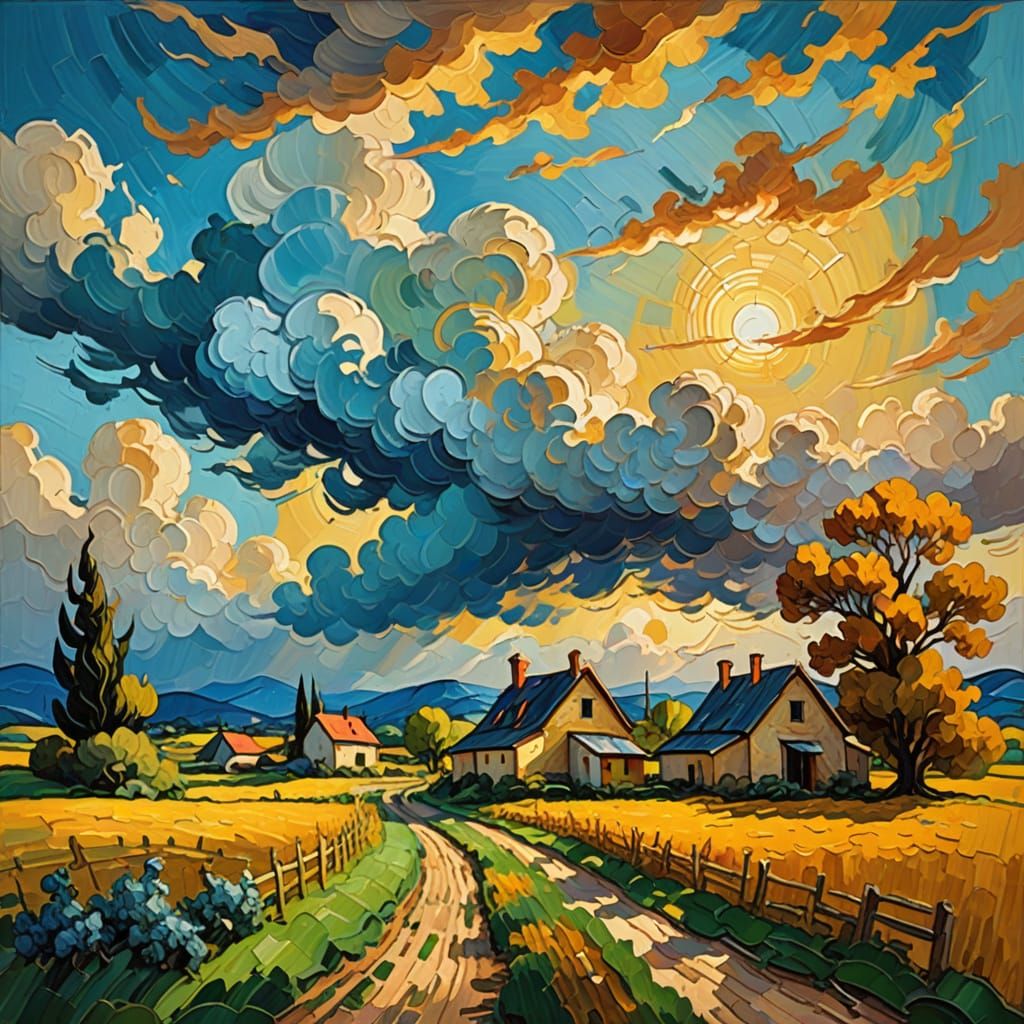 Post-Impressionist Farm Scene in Vibrant, Textured Colors