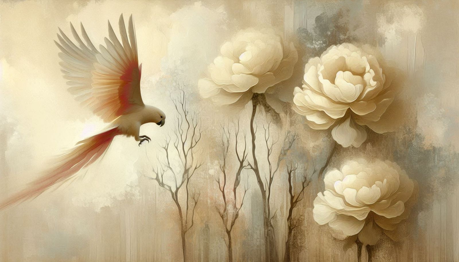 Parrot and Peonies in Cream
