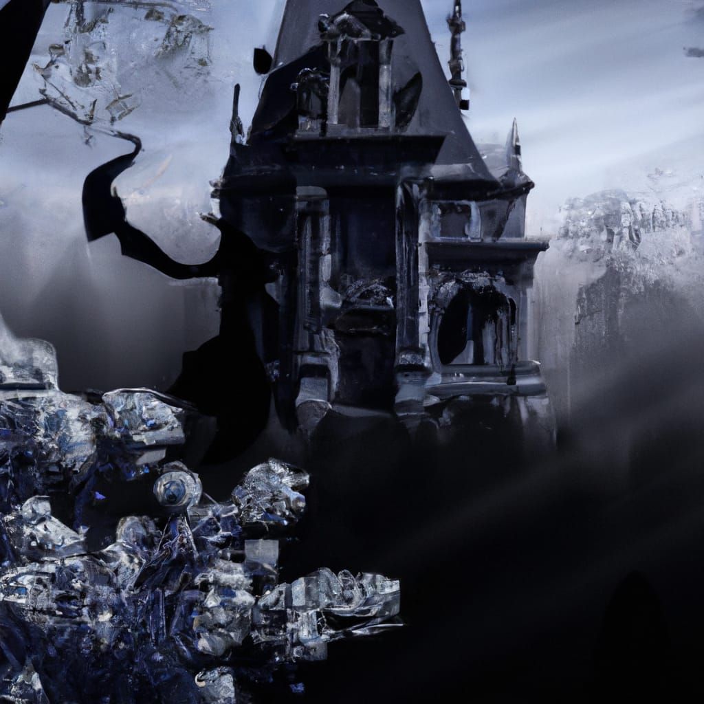 Dark Gothic Surrealism. Medium shot. Mysterious ethered gosth flying on a haunted house  in front of a dense forest. Dutch Angle. Intricatel...