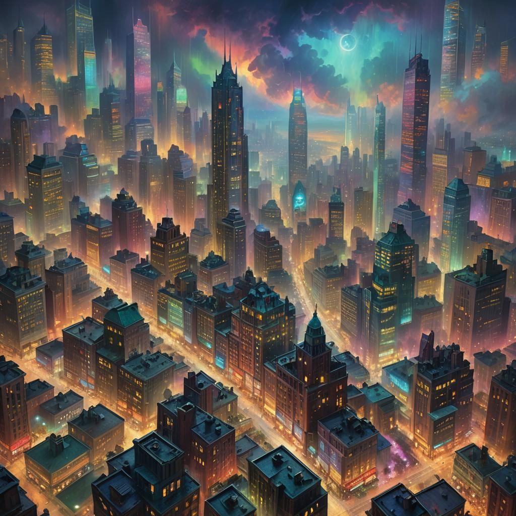 multi colored bright neon skyscraper buildings stormy sky an...