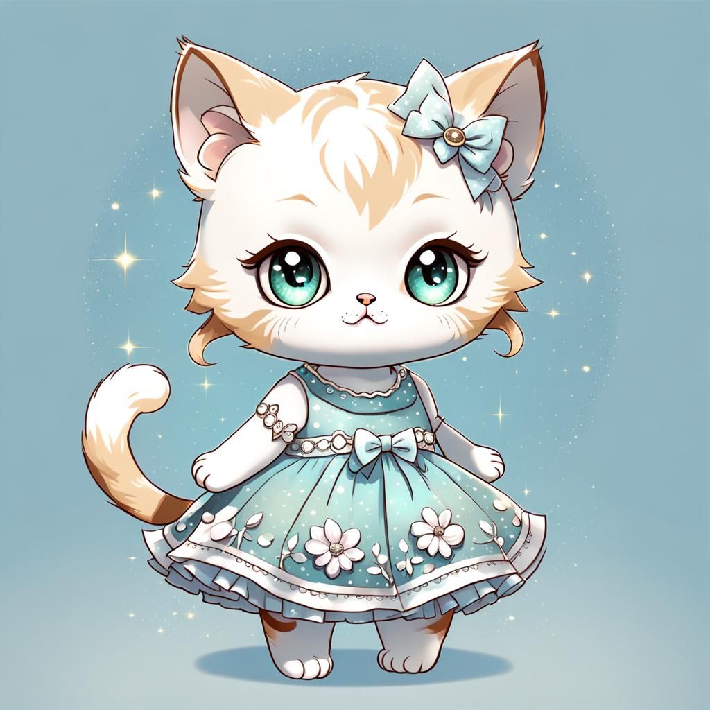 Cute chibified baby cat in a dress, cartoonish proportions, ...
