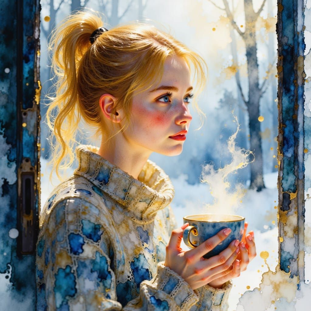 <lora:Art textured paint:1.0> A woman with a messy blonde ponytail, blue-green eyes, wearing a wool sweater and holding a steaming cup in he...