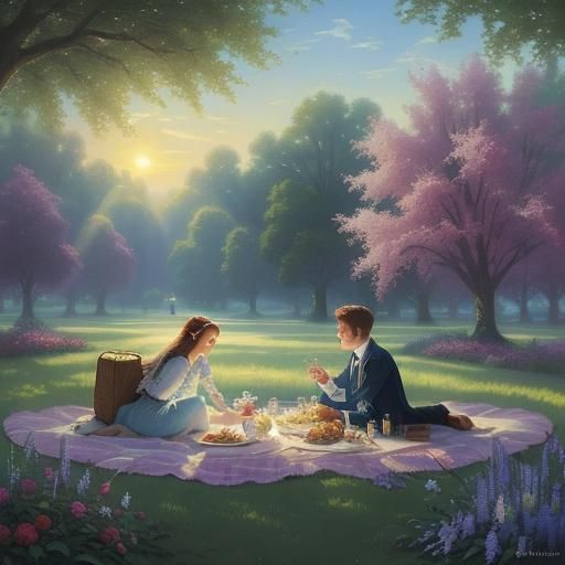 # lovers having a picnic in the park # it is a perfect clear...