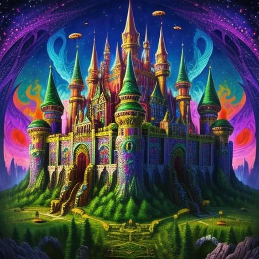 Psychedelic fantasy mushroom castle, amazingly hyperdetailed...