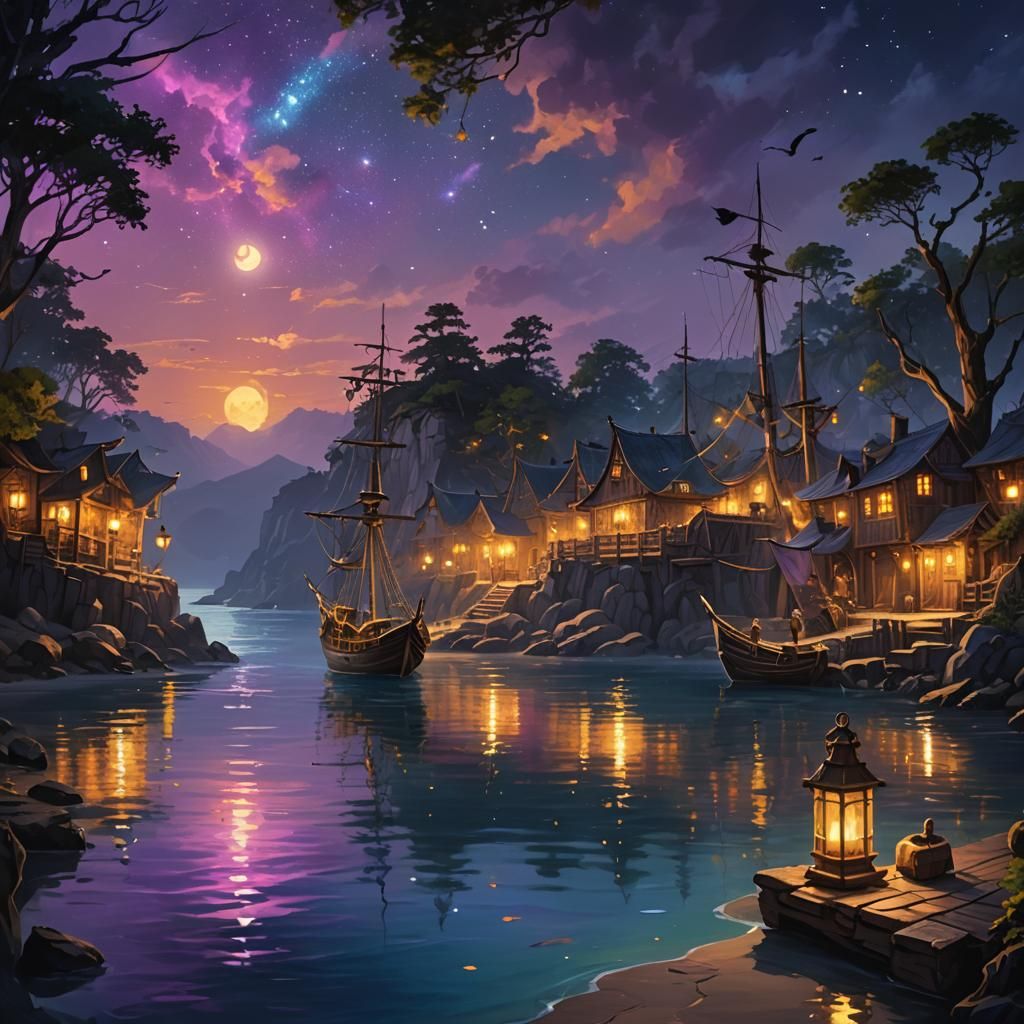 Pirate Cove at Night: Fantasy Oil Painting