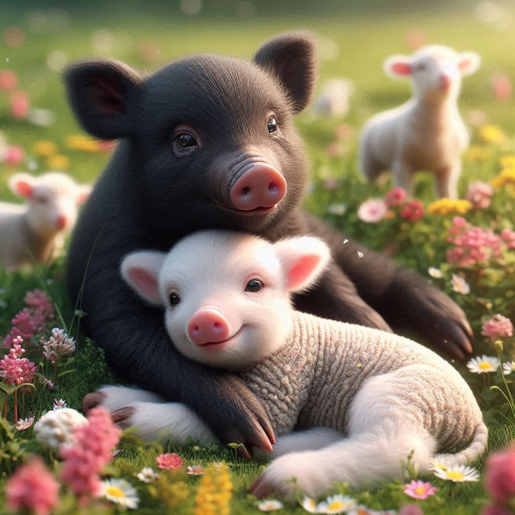 Friendship of pig and lamp babies