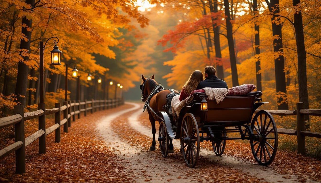 A rustic horse drawn carriage ride down a quiet autumn forest path  by @ArwenEvenstar
