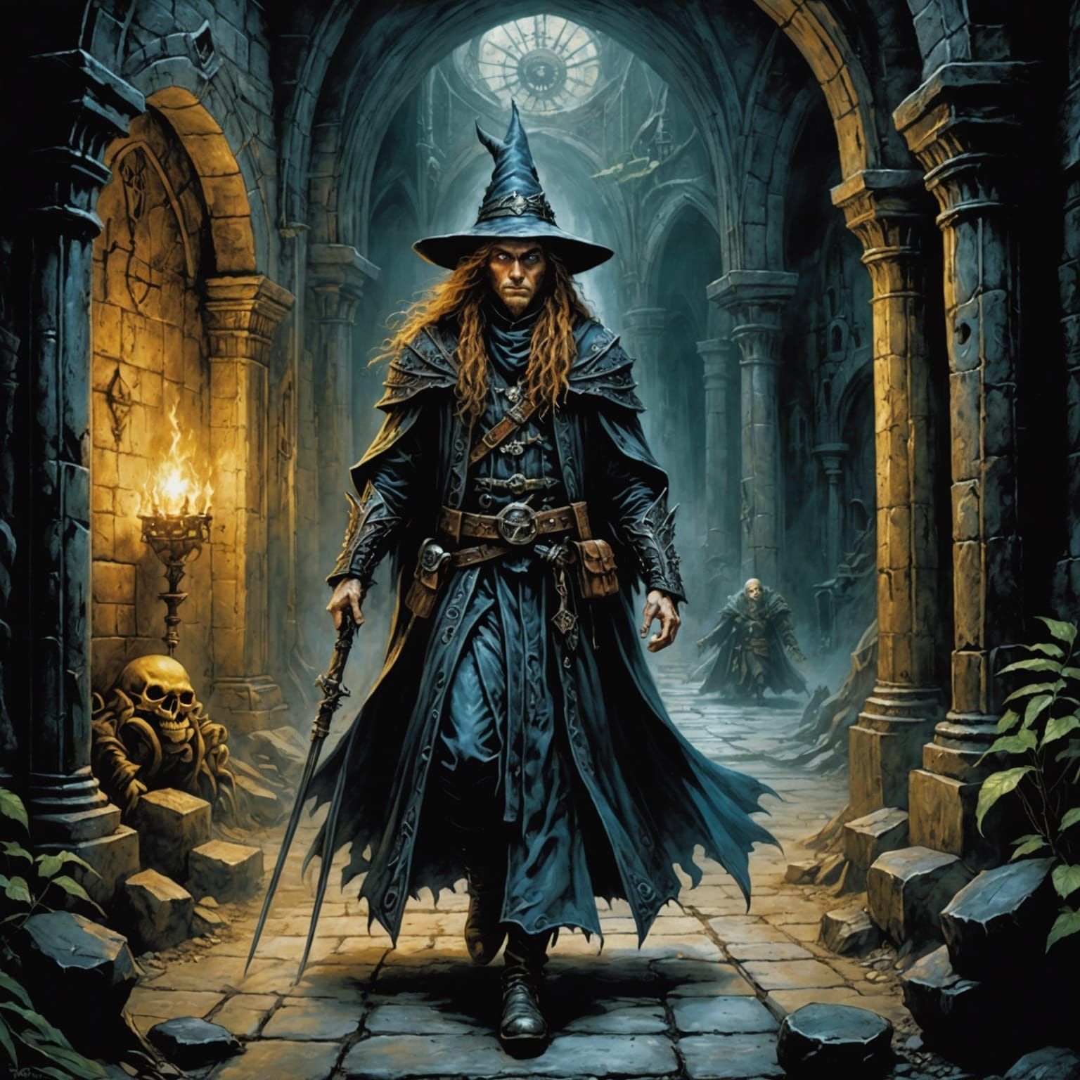 Pretty adventuring wizard walking through a mysterious magic dungeon.