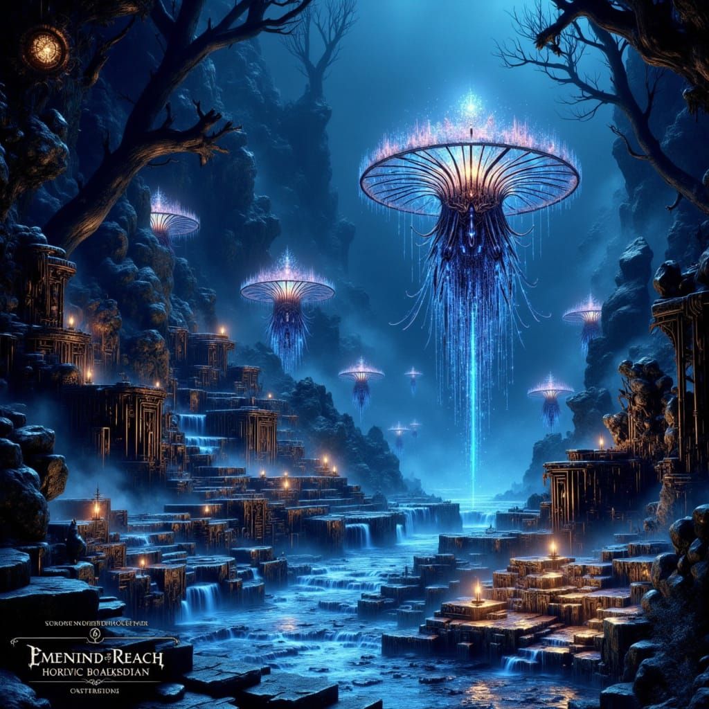 <lora:Dwemerpunk:1.0> , An highly detailed surrealistic enchanting depiction of the mysterious Blackreach, an underground world filled with ...