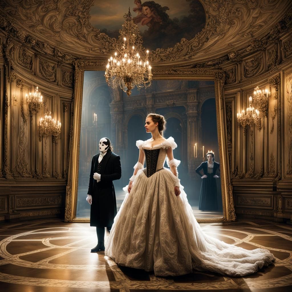 the phantom of the opera stares at christine daae through a two way mirror at the paris opera house.  by @AngryLotus