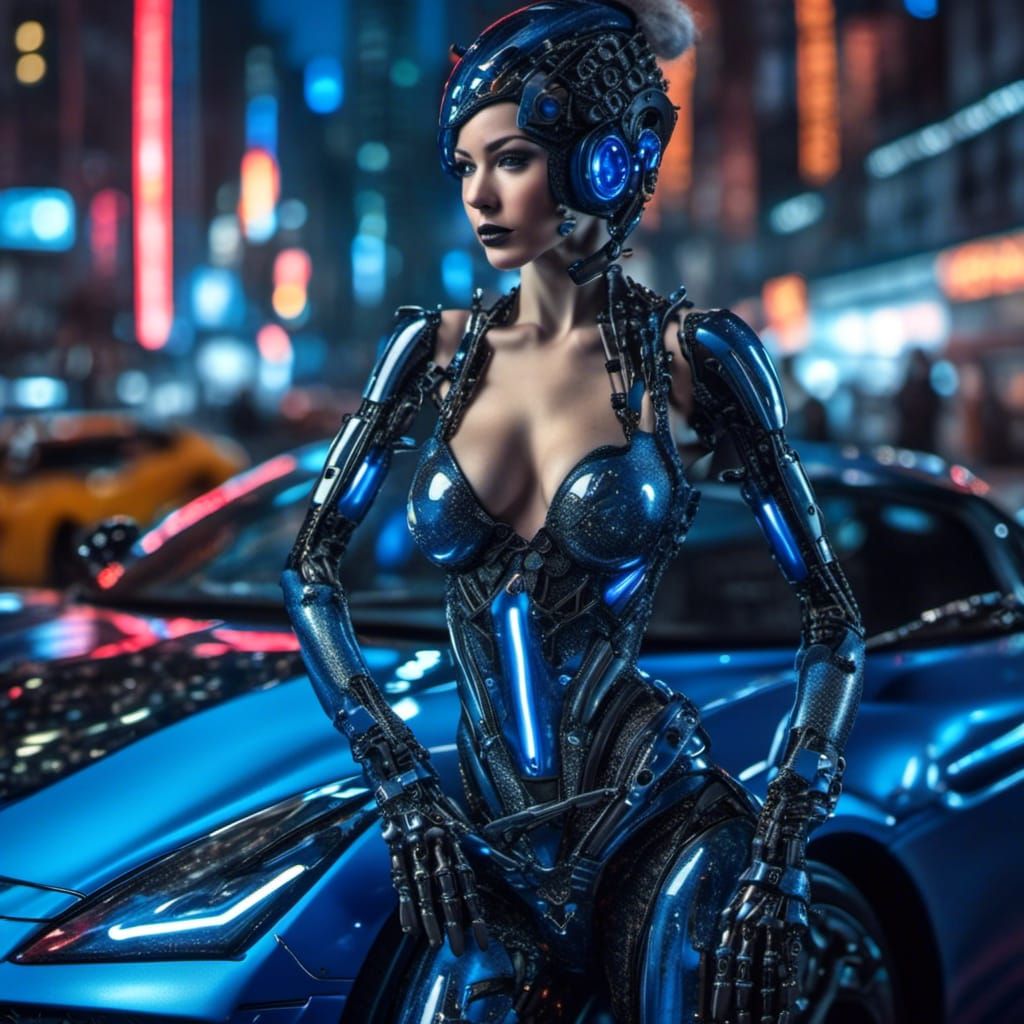 <lora:Futuristic Glamor:1.0> Voluptuous Carbon fiber body and skin cyborg robot pinup model with futuristic cosmic blue sports car, futurist...