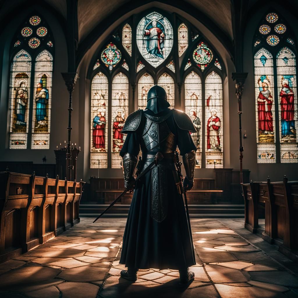 El Sid the Knight standing in a church with stained glass.