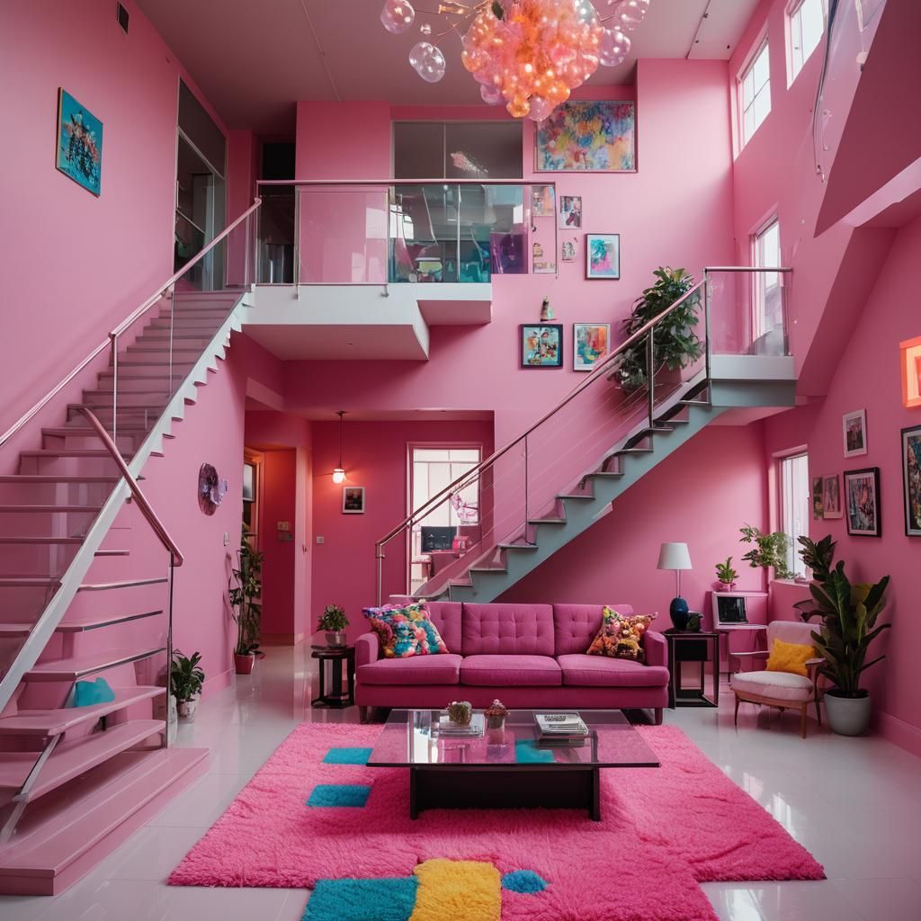 Vibrant 1980s Loft Interior with Neon Accents