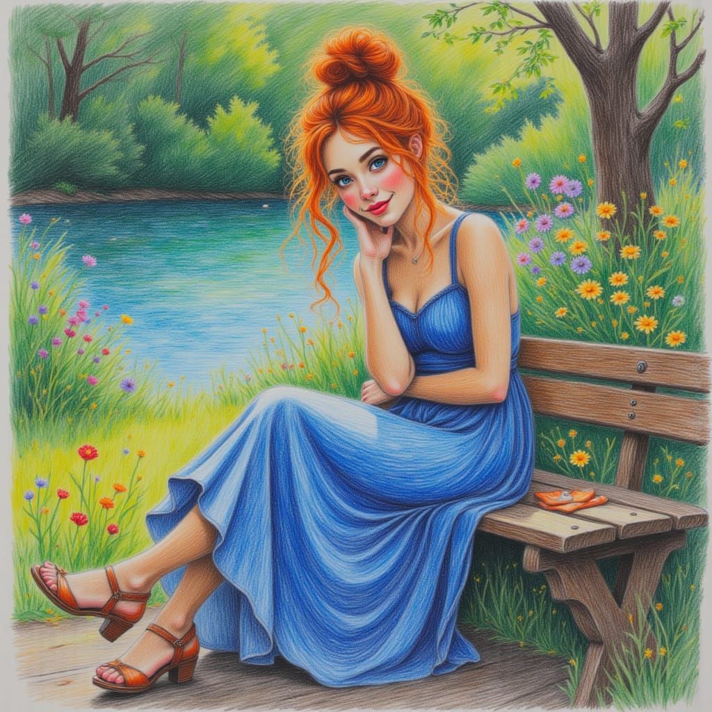<lora:Art Crayon Drawing:1.0> Lovely woman  seated on a rustic wooden bench in a lush garden, near lake, ginger messy bun  hair cascading do...