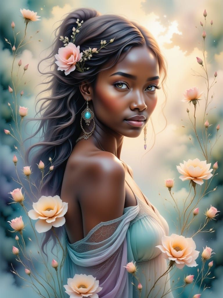 <lora:Etherealisim:1.0>Alcohol ink painting. Medium shot. Beautiful Black woman, glancing over her shoulder, beautiful glowing brown eyes, i...