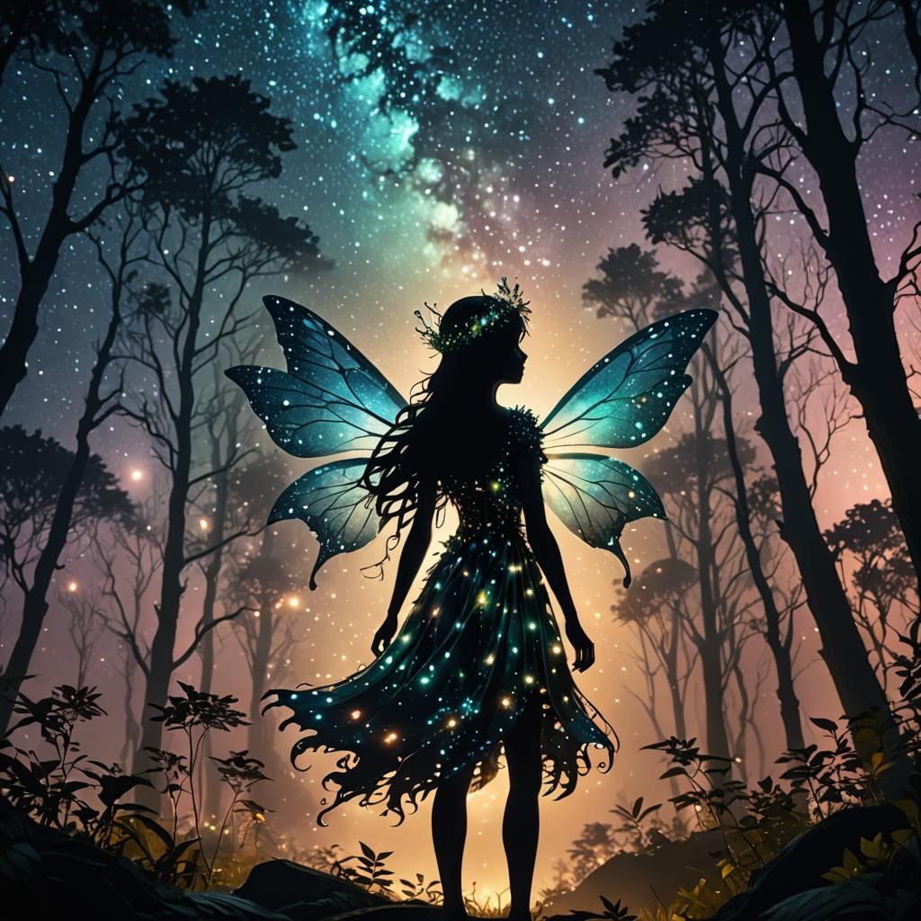 Fairy Silhouette in Enchanted Cosmic Forest